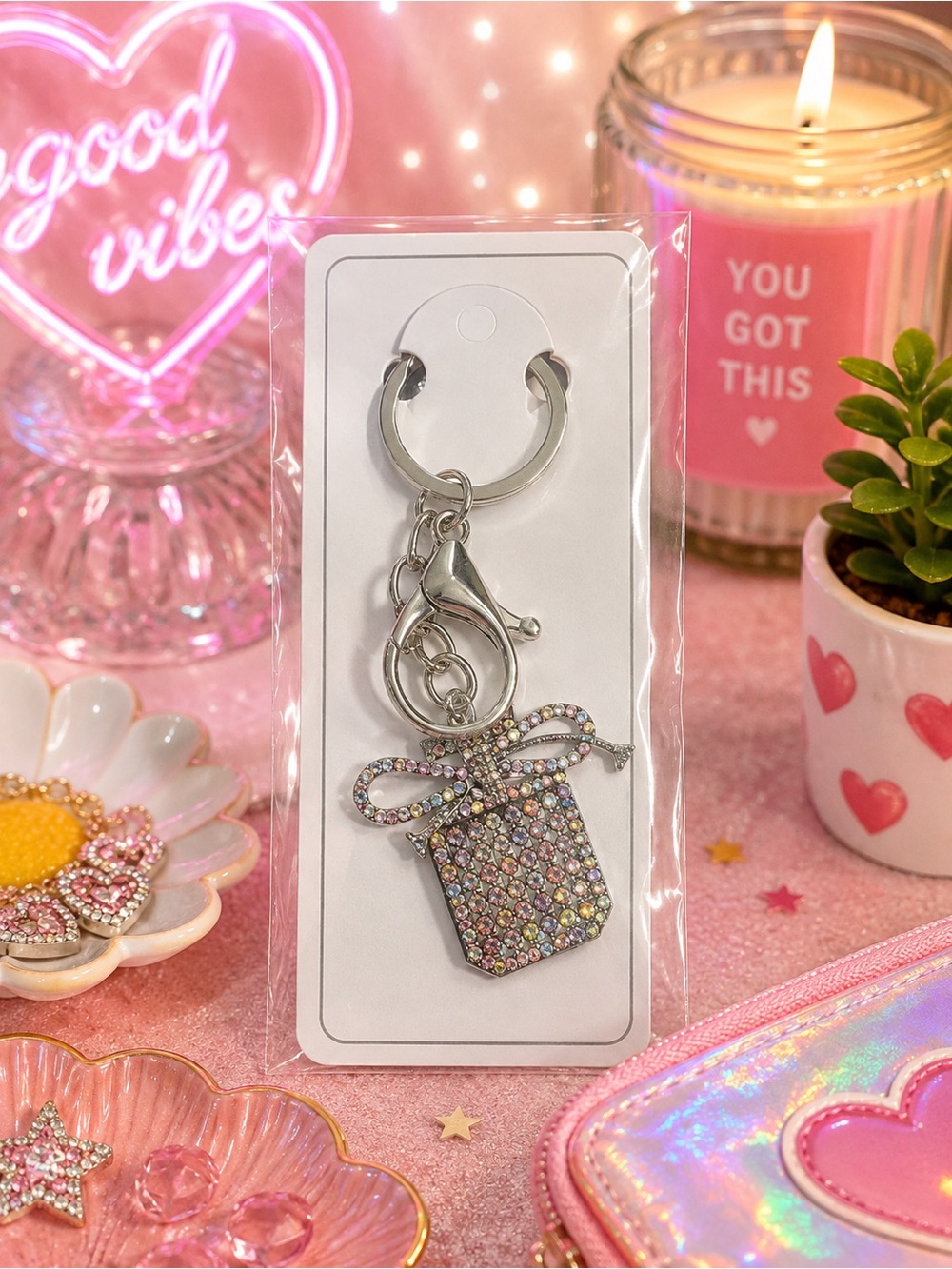 Bow Gift-Box Keychain - Silver Tone with colorful rhinestones